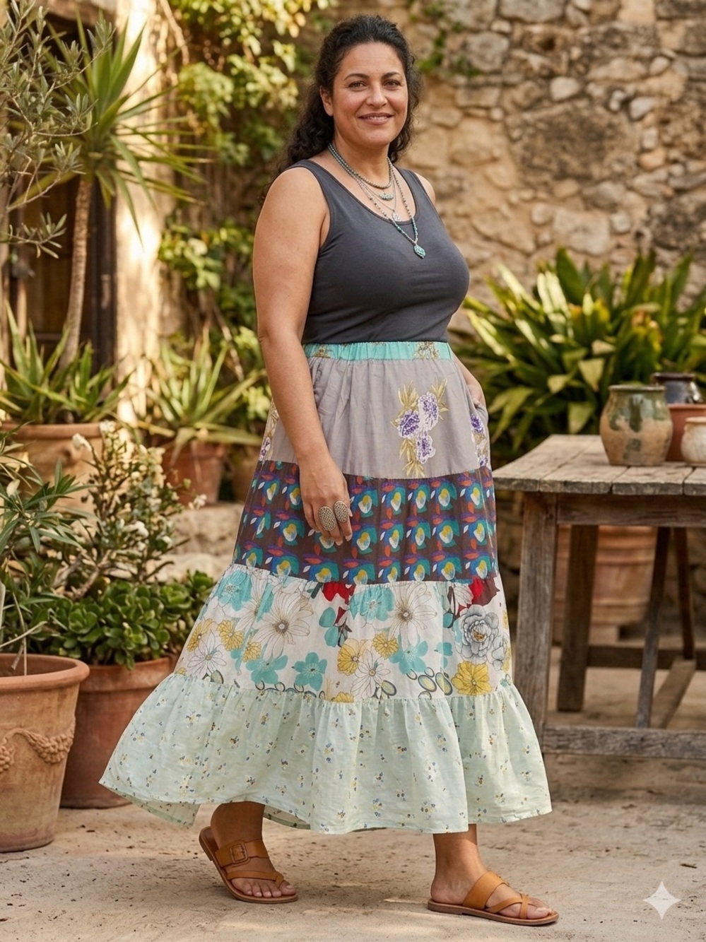 Johnny Was Multi-Panel Floral Tiered Maxi Skirt - Teal/Gray/White